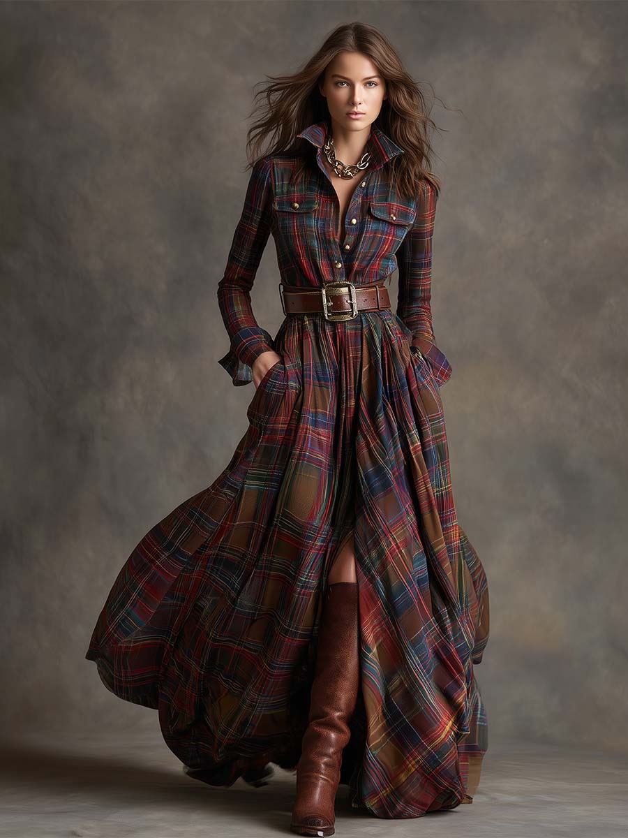 Women's Plaid Maxi Dress | Long Sleeve Collared Belted Shirt Dress