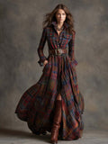 Women's Plaid Maxi Dress | Long Sleeve Collared Belted Shirt Dress