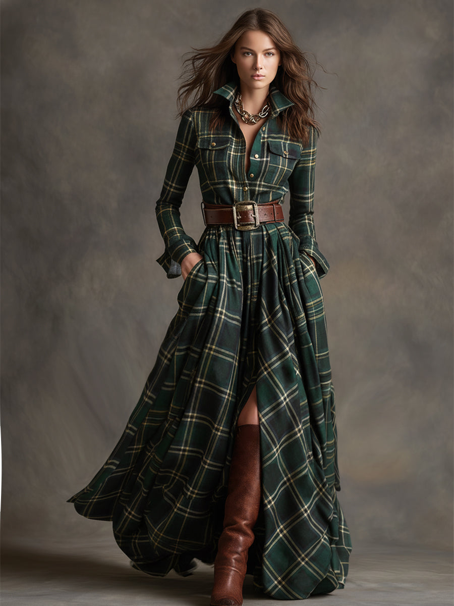Women's Plaid Maxi Dress | Long Sleeve Collared Belted Shirt Dress