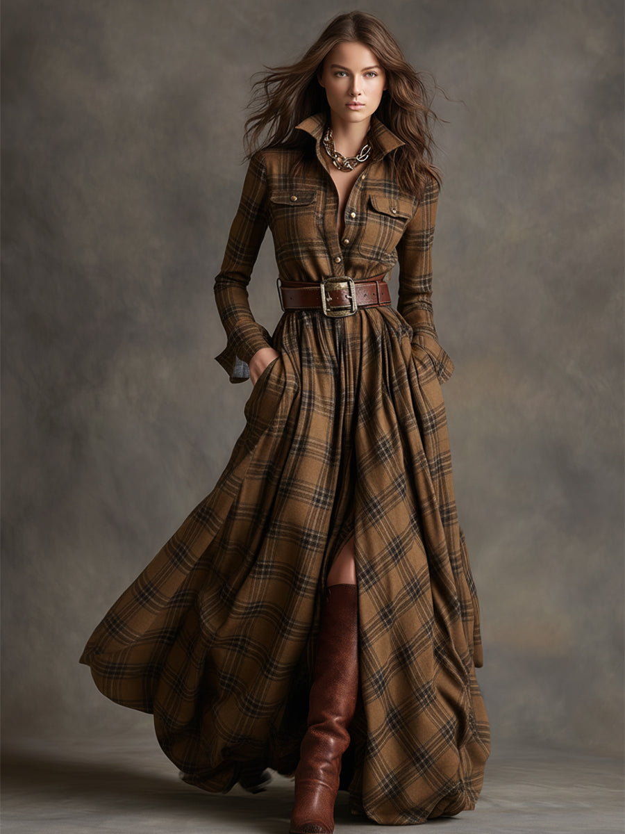 Women's Plaid Maxi Dress | Long Sleeve Collared Belted Shirt Dress