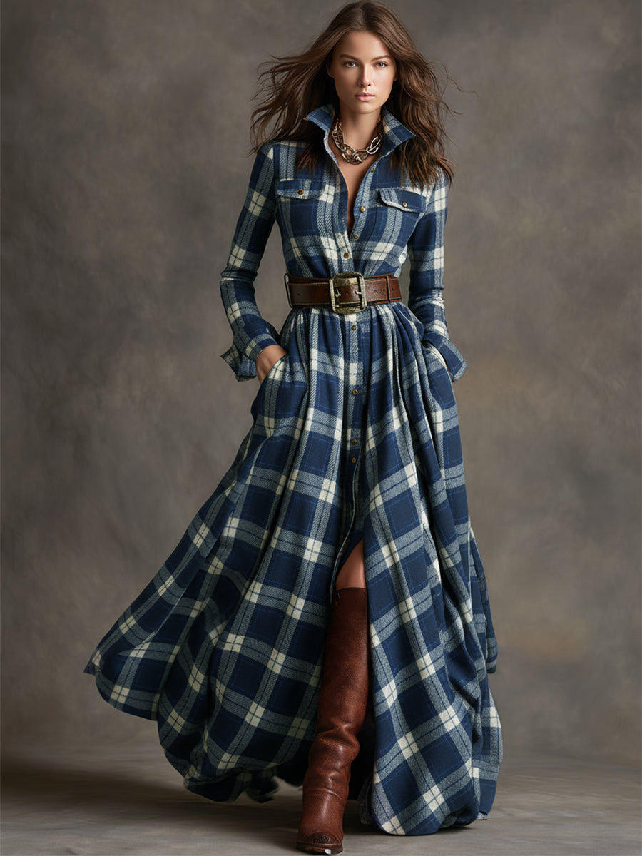 Women's Plaid Maxi Dress | Long Sleeve Collared Belted Shirt Dress