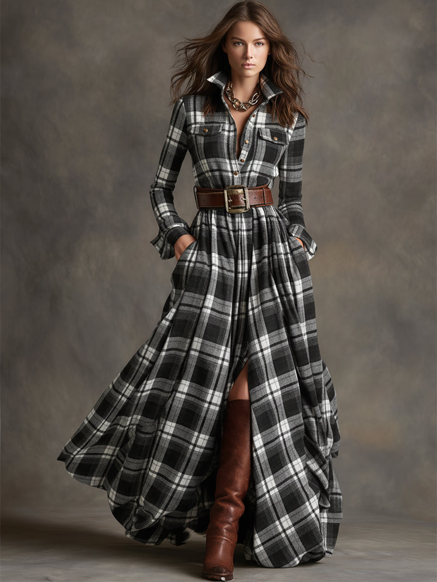 Women's Plaid Maxi Dress | Long Sleeve Collared Belted Shirt Dress