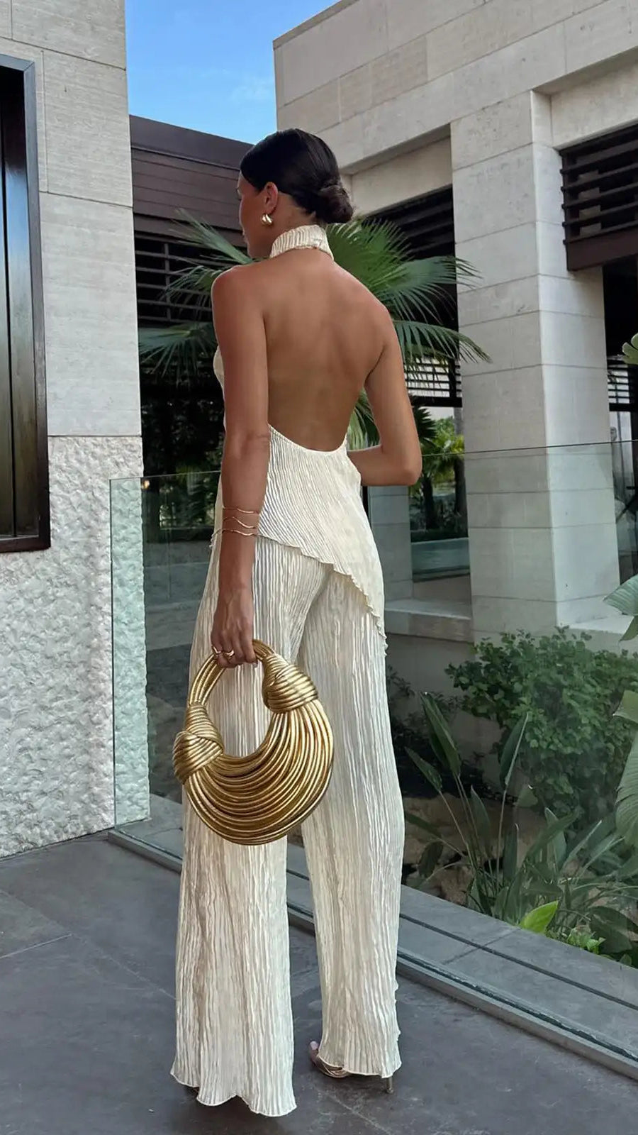 Women's Matching Set | Pleated Halter Wide Leg Two Piece Co-ord 4