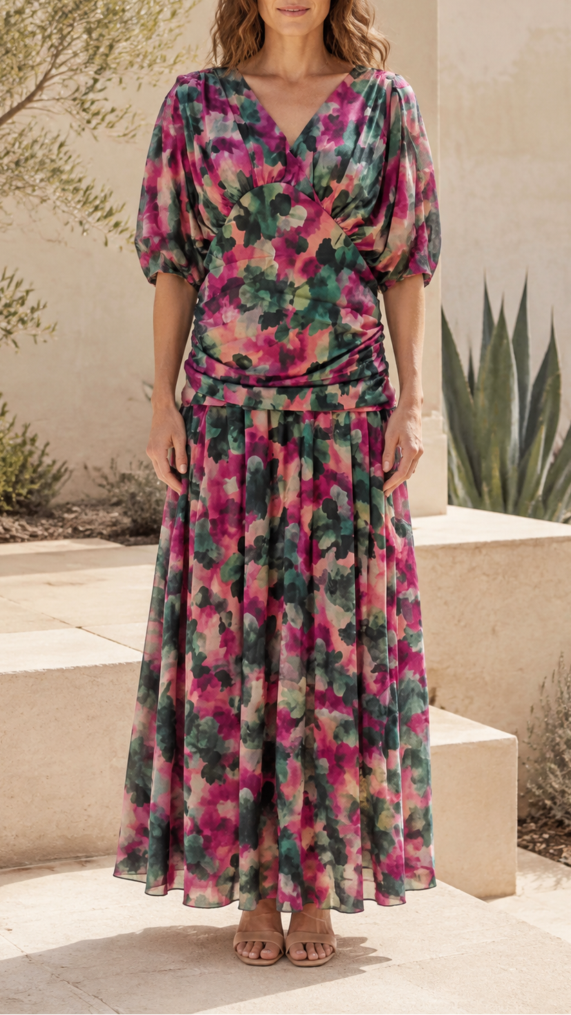 Women's Chiffon V Neck Balloon Sleeve Maxi Dress