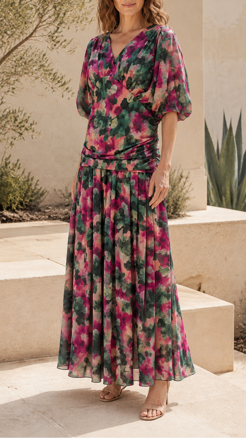 Women's Chiffon V Neck Balloon Sleeve Maxi Dress