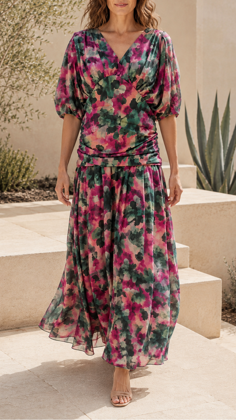 Women's Chiffon V Neck Balloon Sleeve Maxi Dress