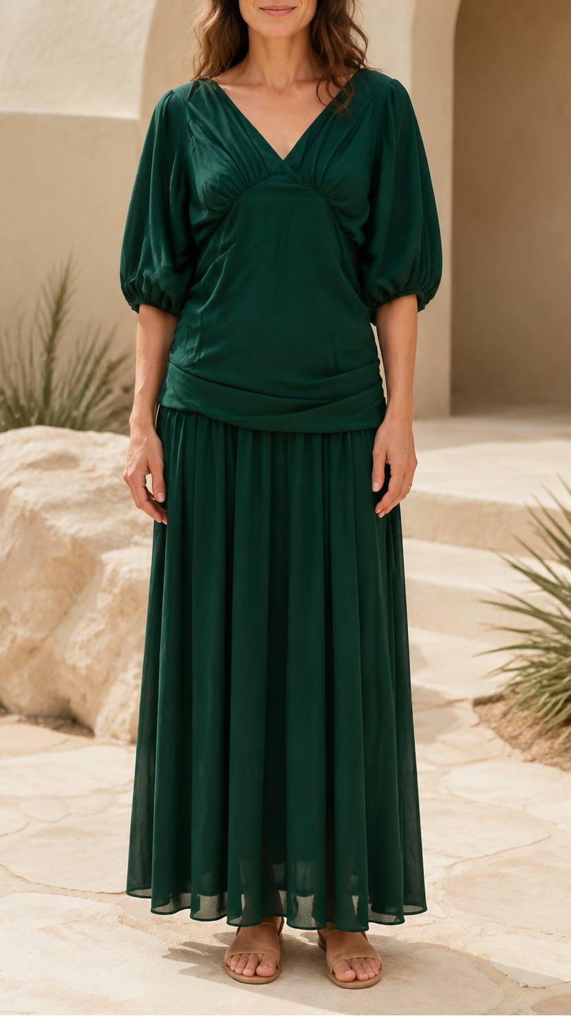 Women's Chiffon V Neck Balloon Sleeve Maxi Dress