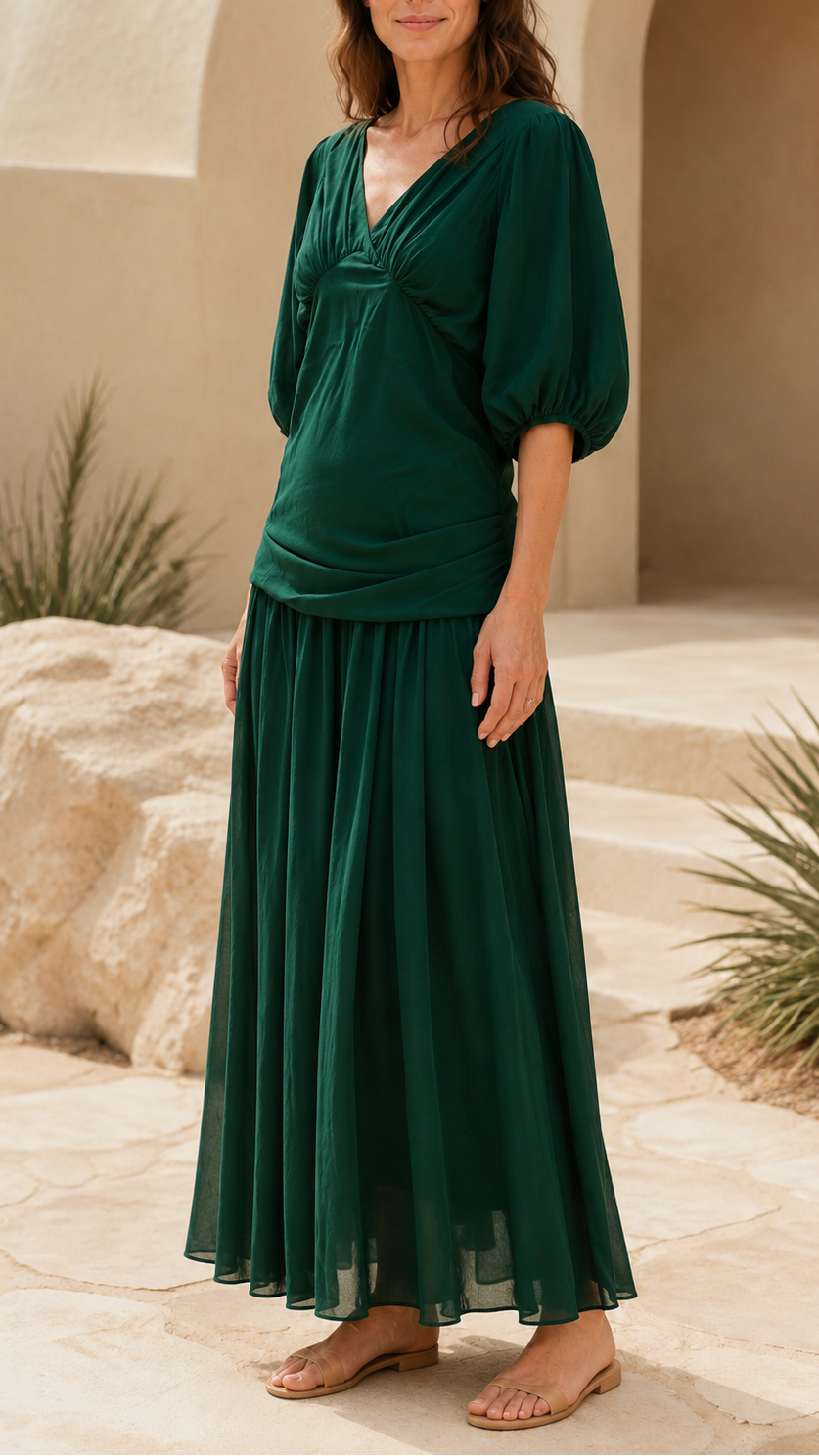 Women's Chiffon V Neck Balloon Sleeve Maxi Dress