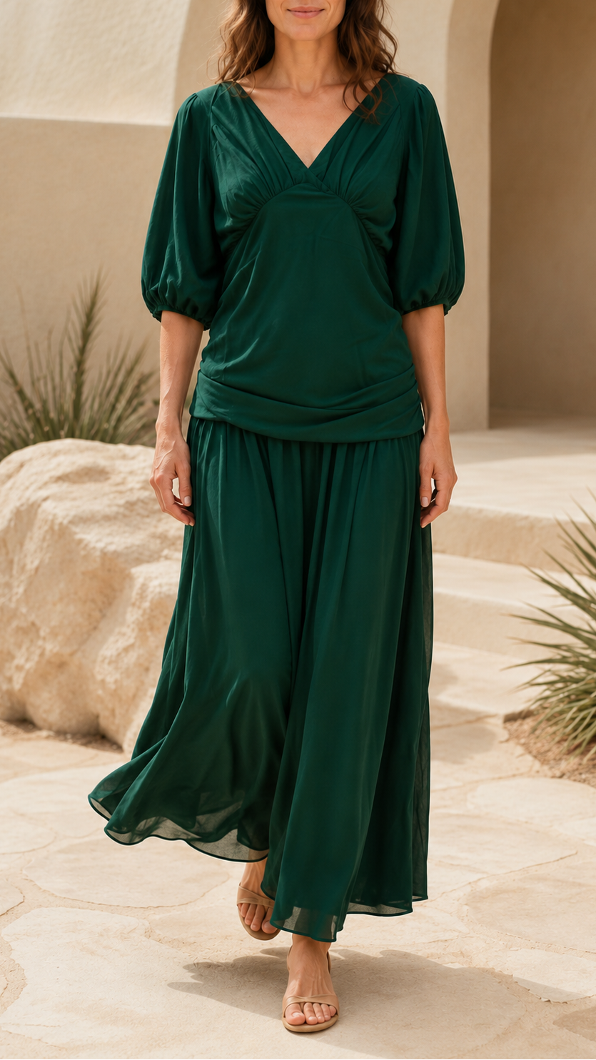 Women's Chiffon V Neck Balloon Sleeve Maxi Dress