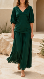 Women's Chiffon V Neck Balloon Sleeve Maxi Dress