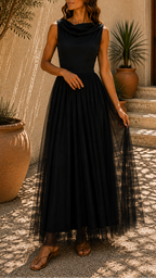 Women's Tulle Draped Neck Sleeveless Maxi Dress