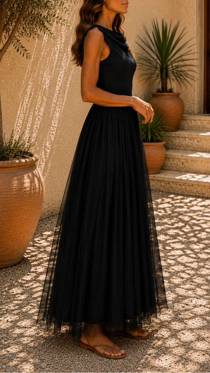Women's Tulle Draped Neck Sleeveless Maxi Dress
