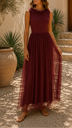 Women's Tulle Draped Neck Sleeveless Maxi Dress