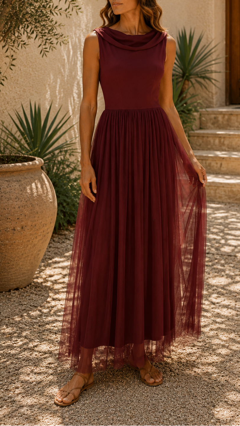 Women's Tulle Draped Neck Sleeveless Maxi Dress