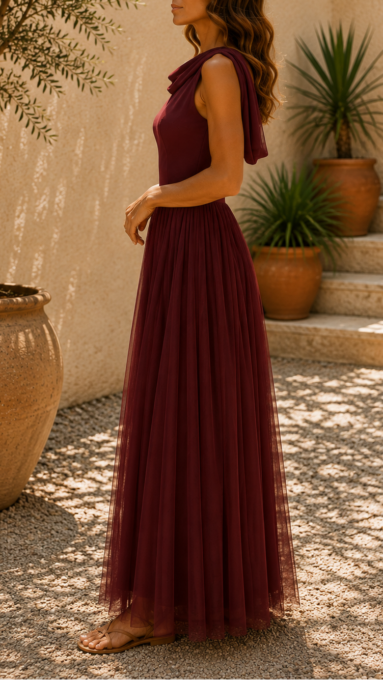 Women's Tulle Draped Neck Sleeveless Maxi Dress