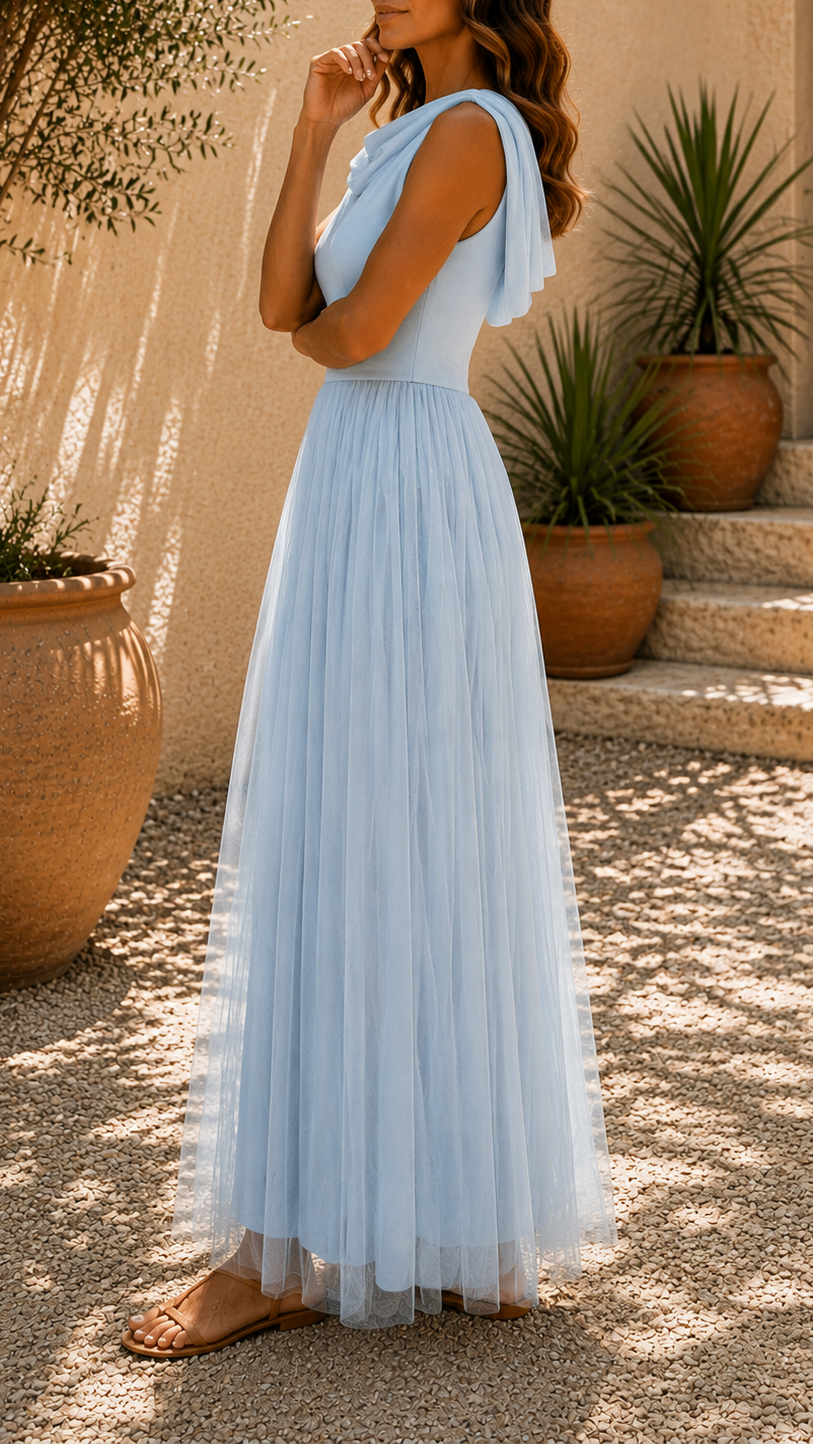 Women's Tulle Draped Neck Sleeveless Maxi Dress