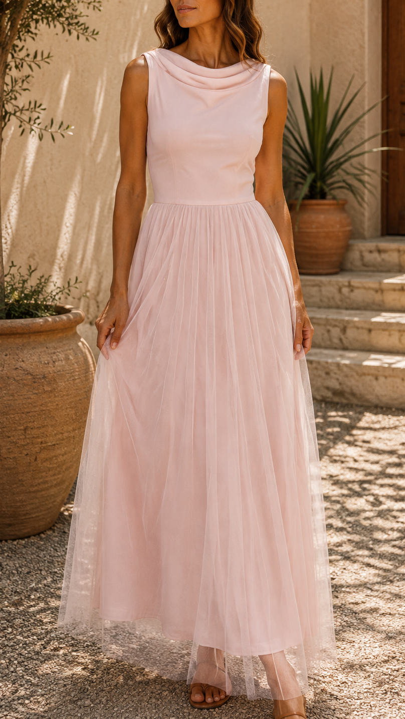 Women's Tulle Draped Neck Sleeveless Maxi Dress