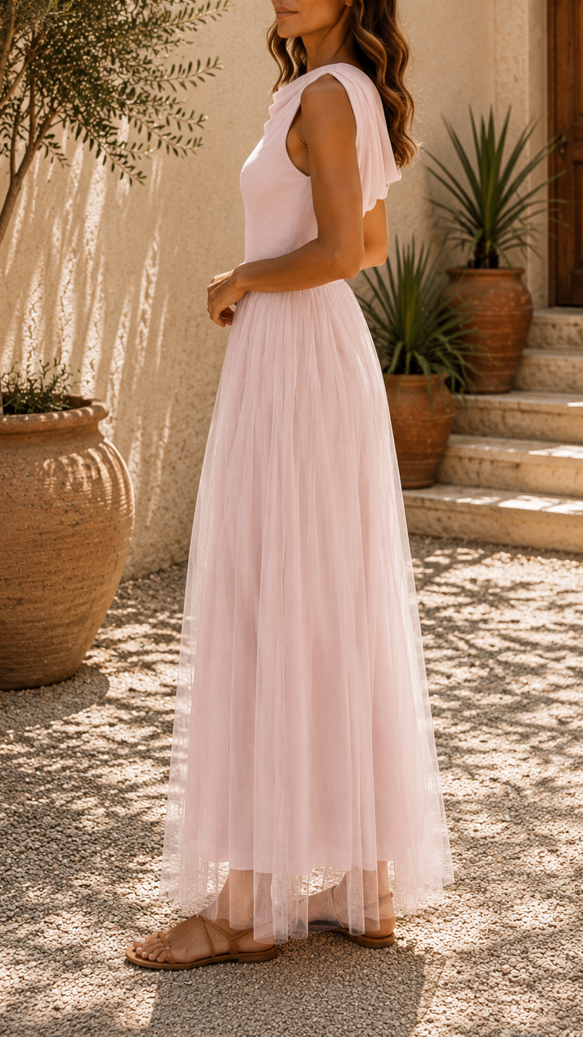 Women's Tulle Draped Neck Sleeveless Maxi Dress