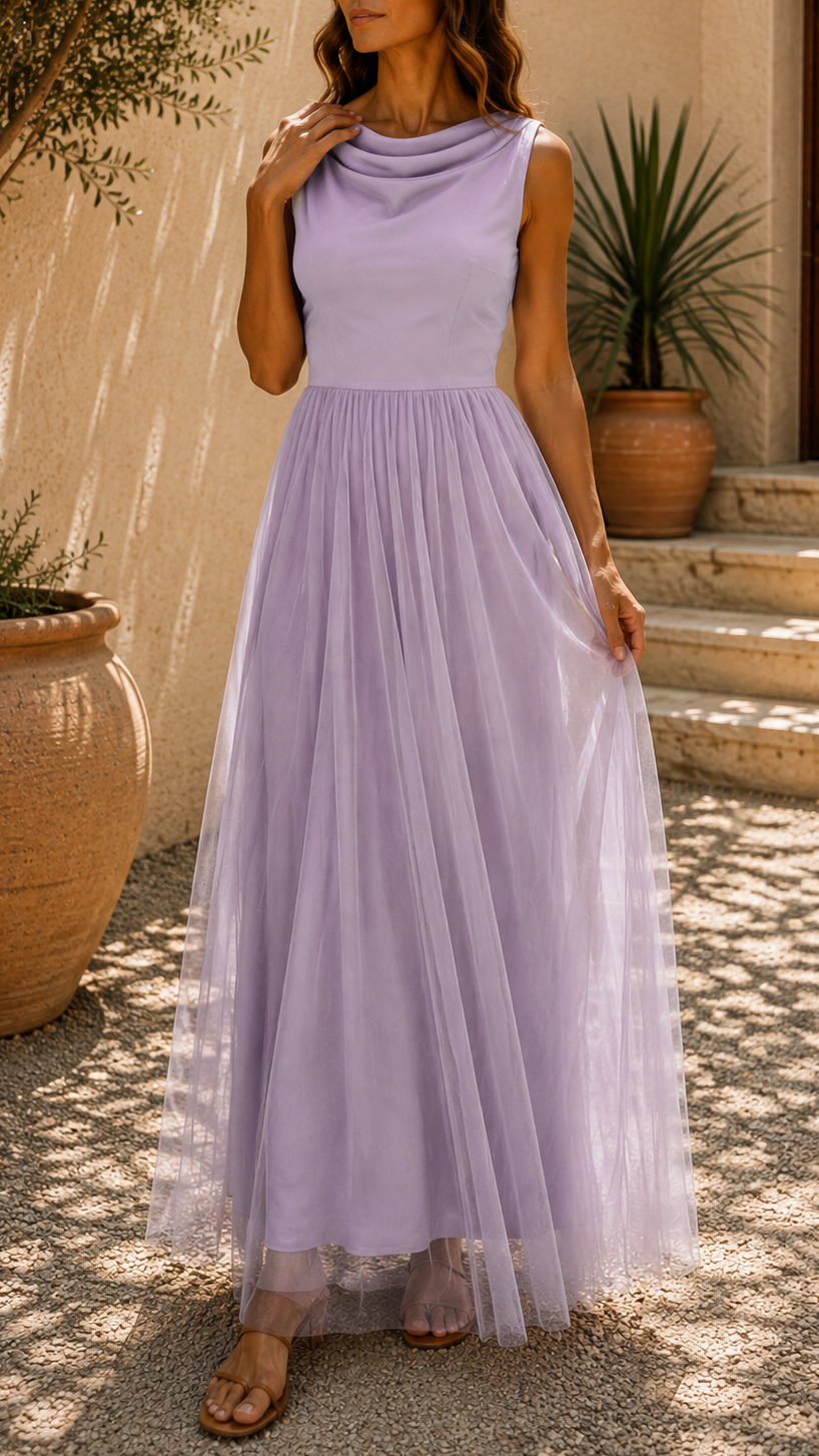 Women's Tulle Draped Neck Sleeveless Maxi Dress