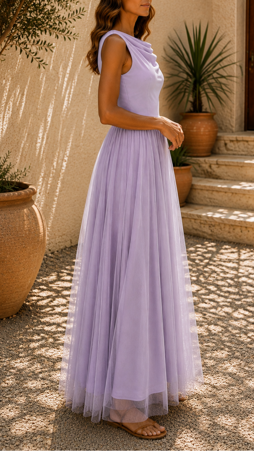 Women's Tulle Draped Neck Sleeveless Maxi Dress