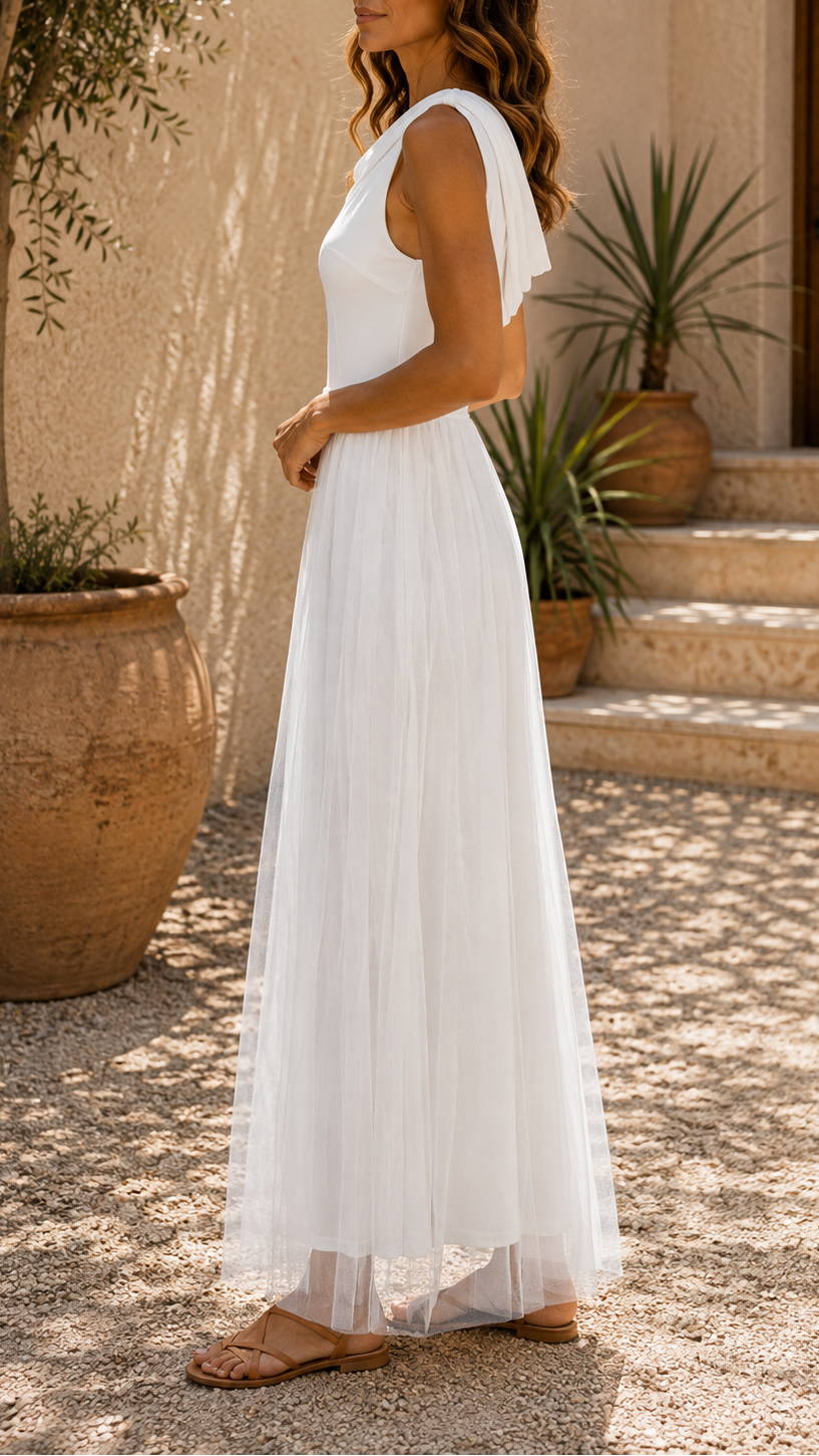 Women's Tulle Draped Neck Sleeveless Maxi Dress