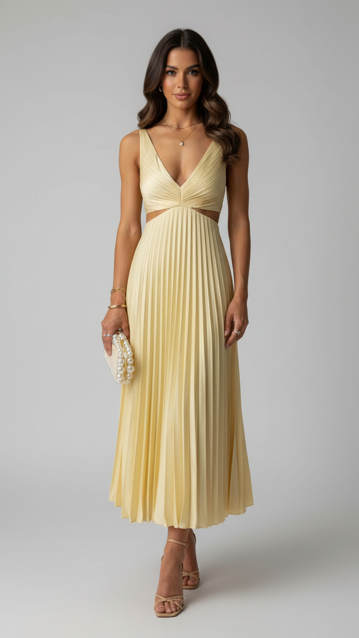 Women's Midi Dress | Pleated Wedding Guest Flowy Party Dress 1