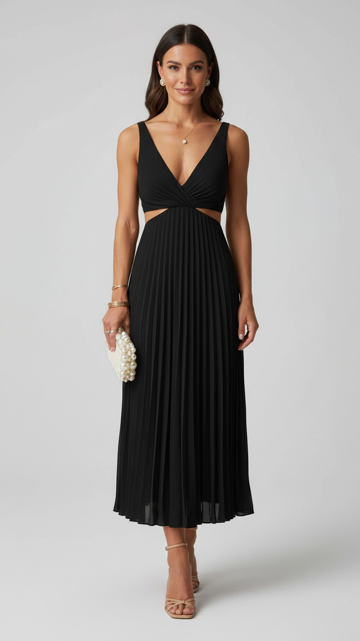 Women's Midi Dress | Pleated Wedding Guest Flowy Party Dress 3