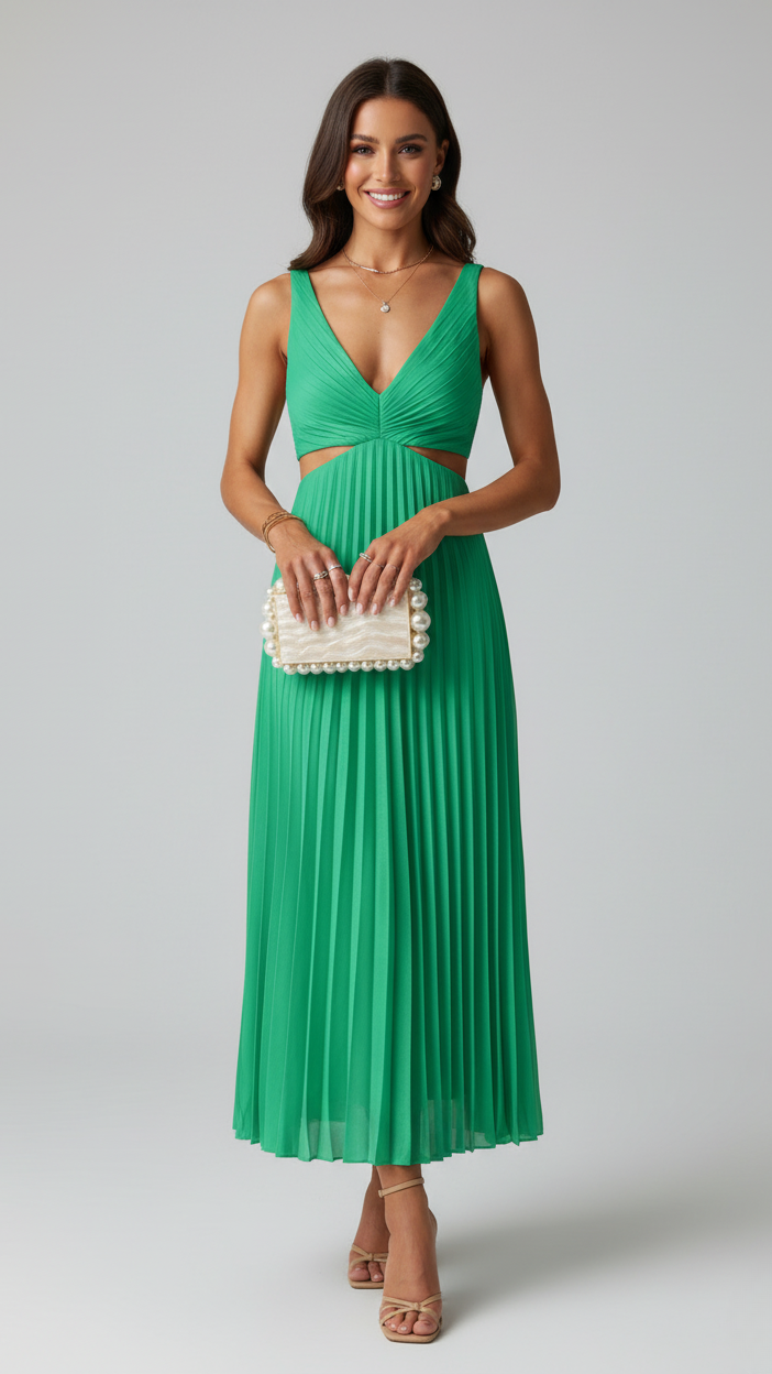 Women's Midi Dress | Pleated Wedding Guest Flowy Party Dress 4
