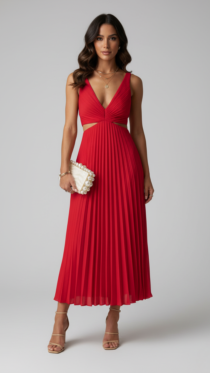 Women's Midi Dress | Pleated Wedding Guest Flowy Party Dress 5