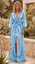 Women's Plunge Neck Kimono Sleeve Split Maxi Dress