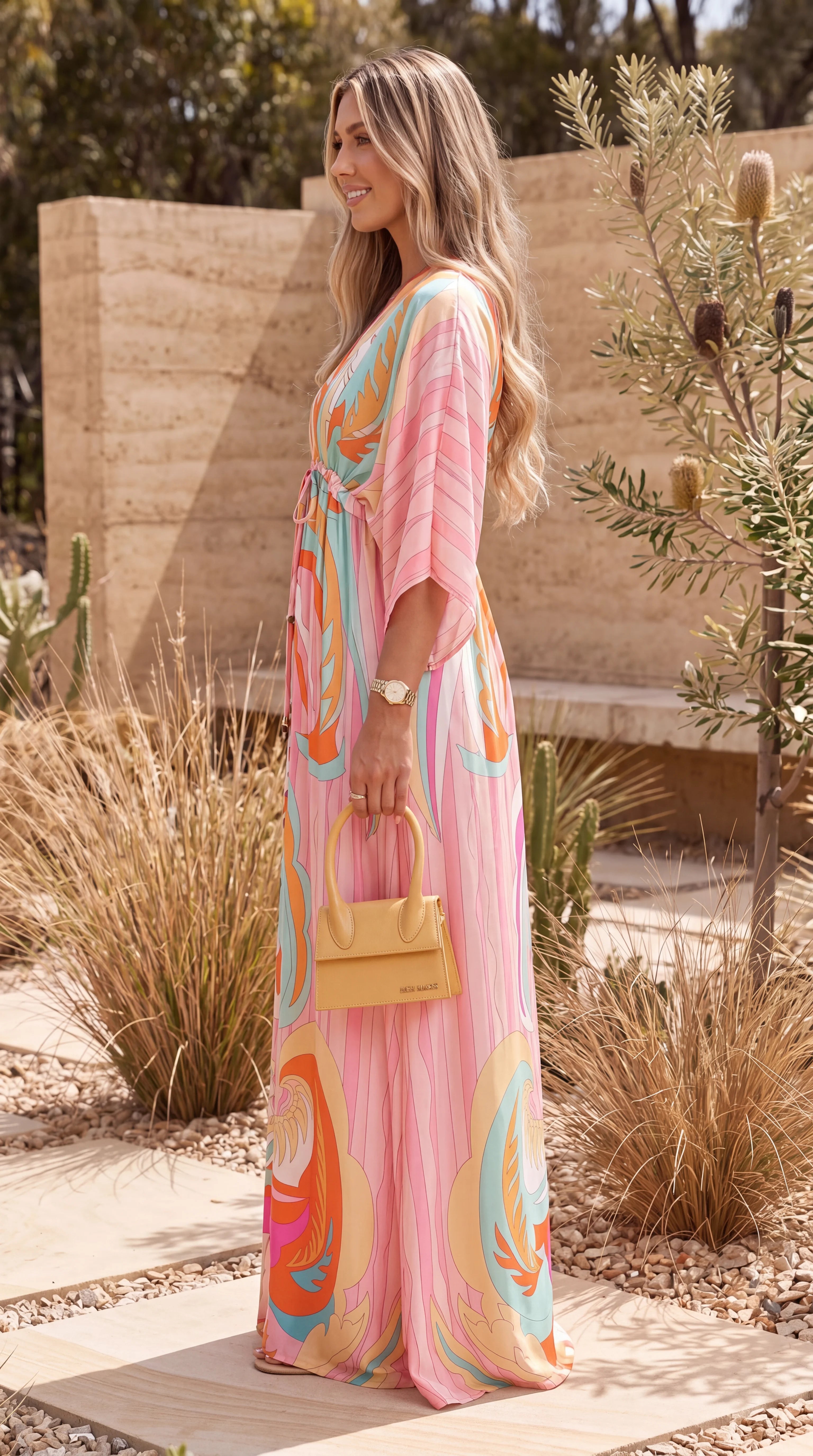 Women's Plunge Neck Kimono Sleeve Split Maxi Dress