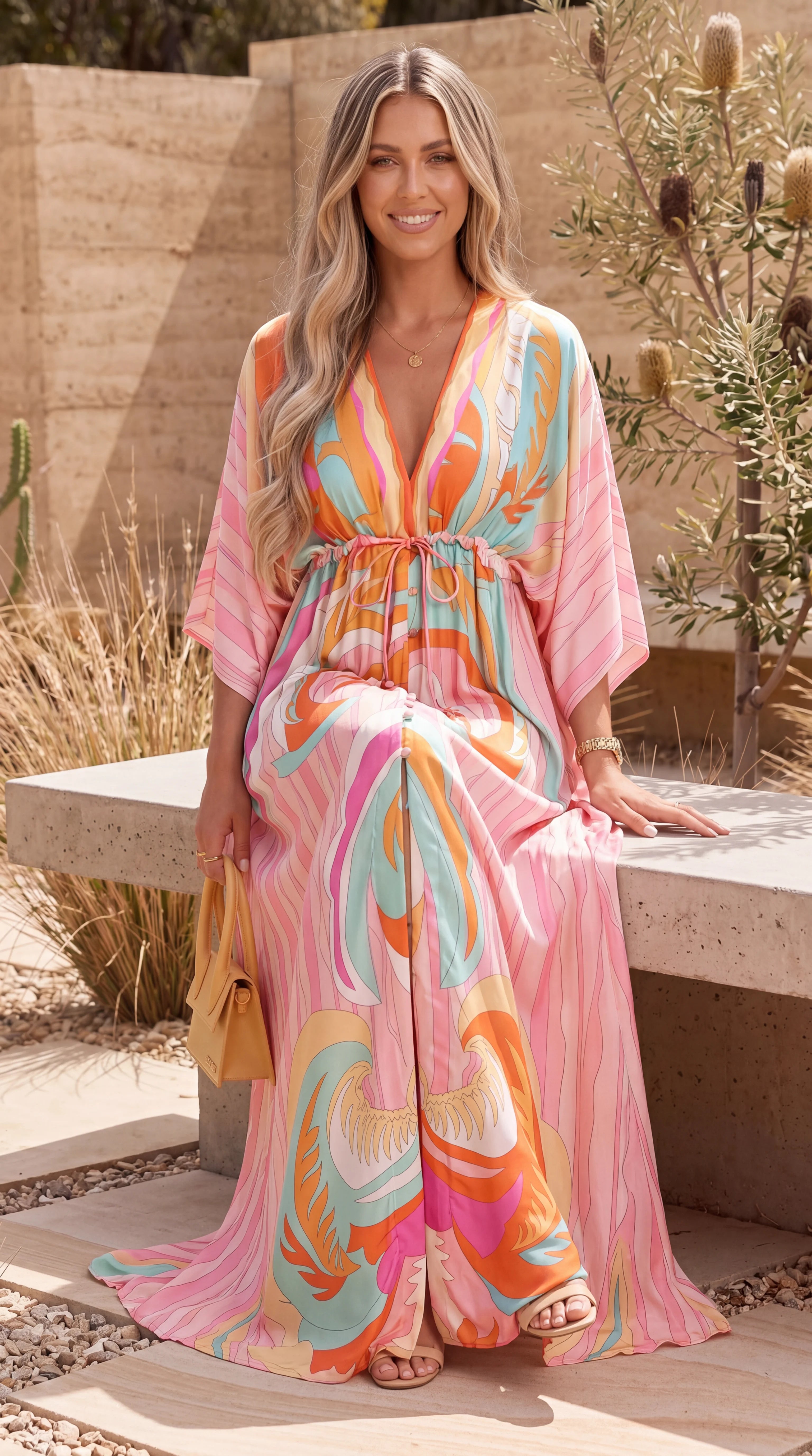 Women's Plunge Neck Kimono Sleeve Split Maxi Dress