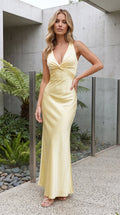 Women's Plunge V Neck Twist Front Satin Bias Cut Maxi Dress