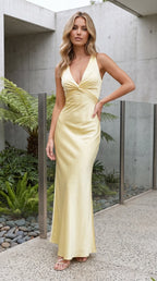 Women's Plunge V Neck Twist Front Satin Bias Cut Maxi Dress