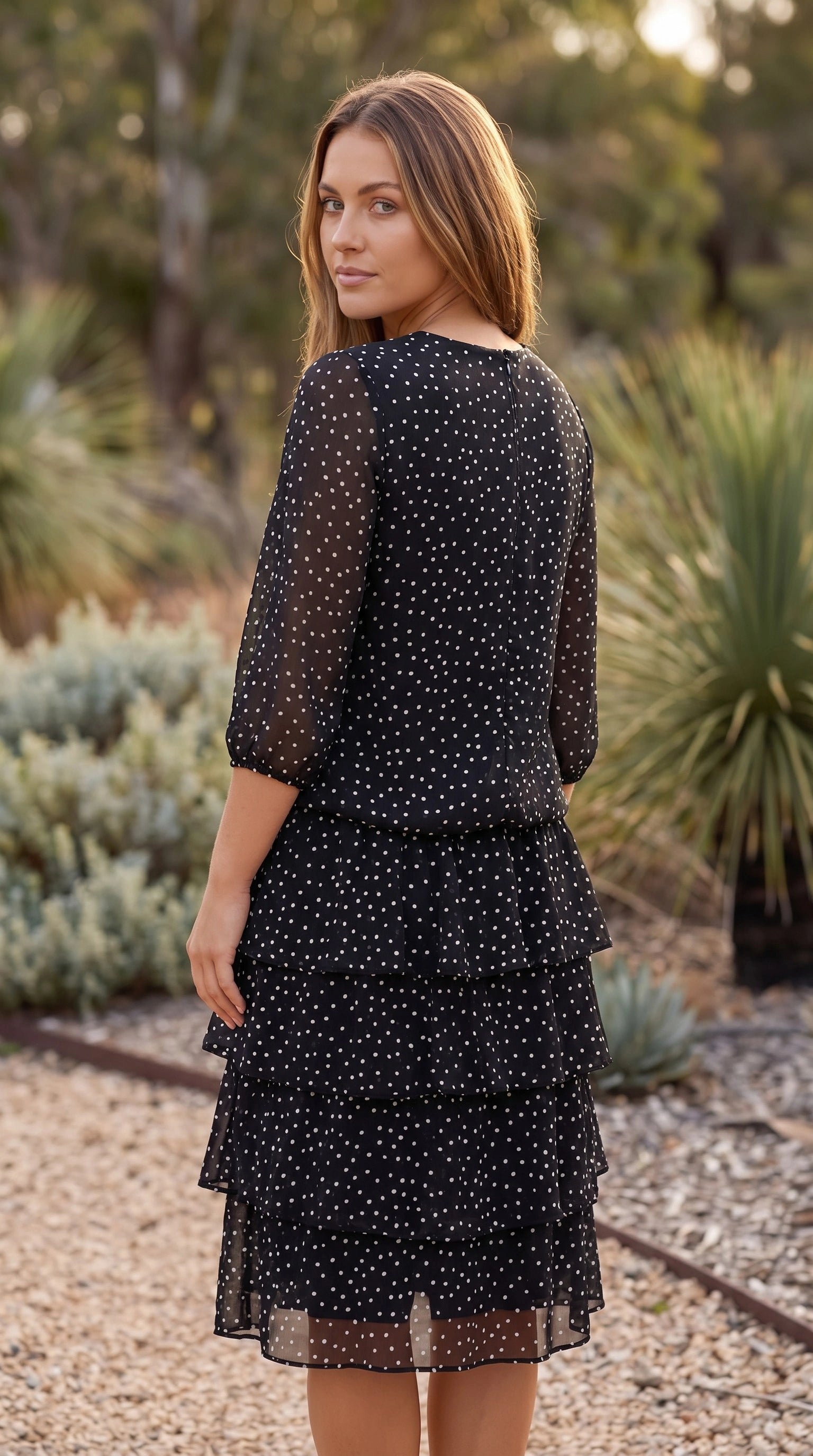 Women’s Polka Dot Chiffon Tiered Midi Dress With Long Sleeves