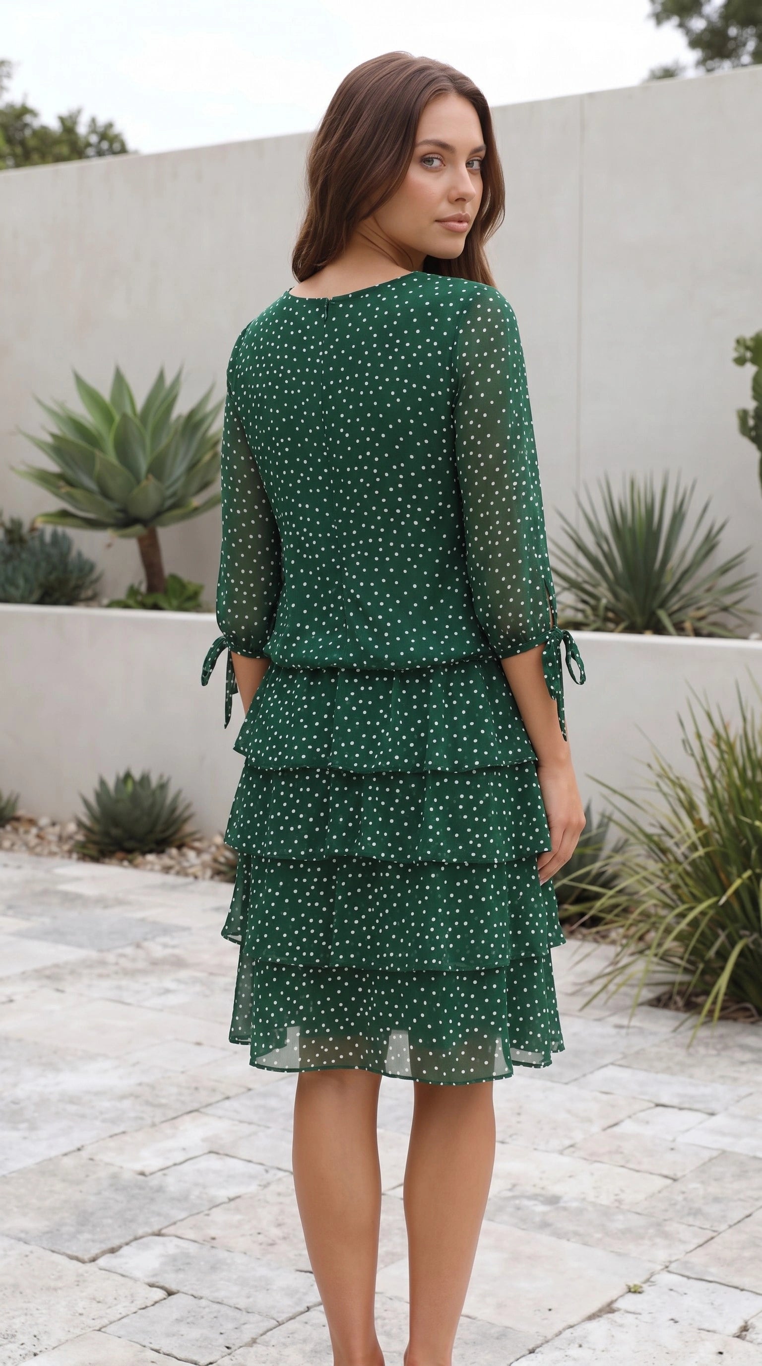 Women’s Polka Dot Chiffon Tiered Midi Dress With Long Sleeves