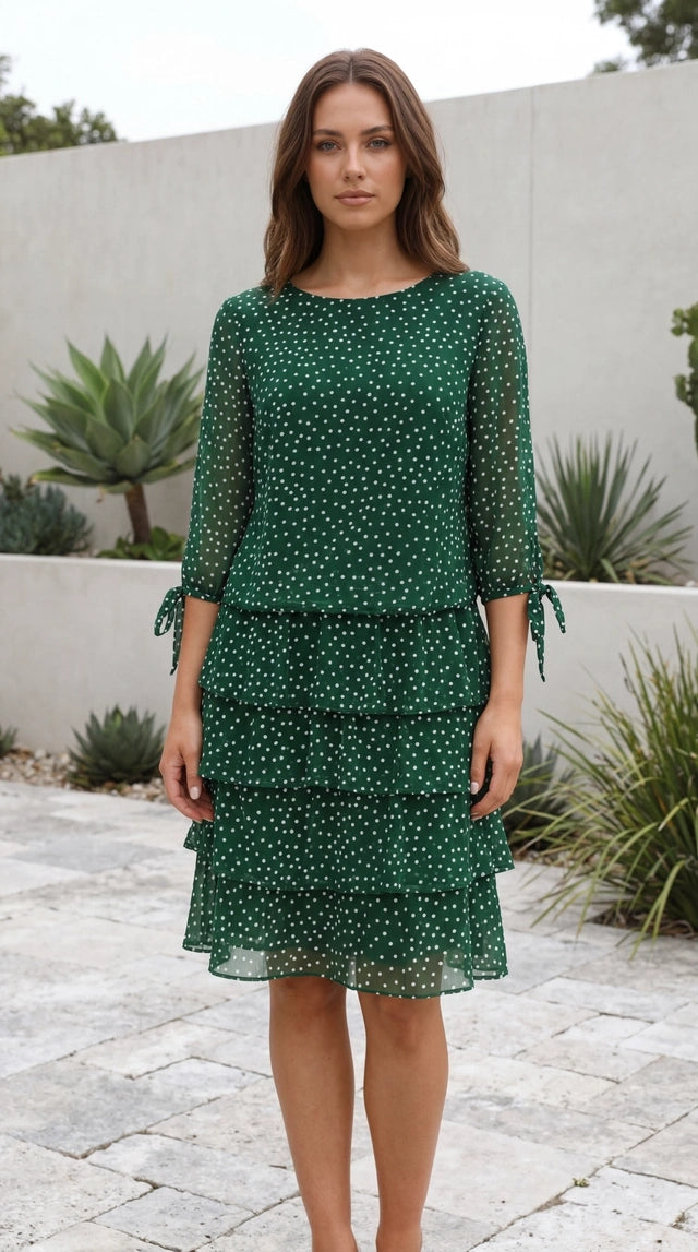 Women’s Polka Dot Chiffon Tiered Midi Dress With Long Sleeves