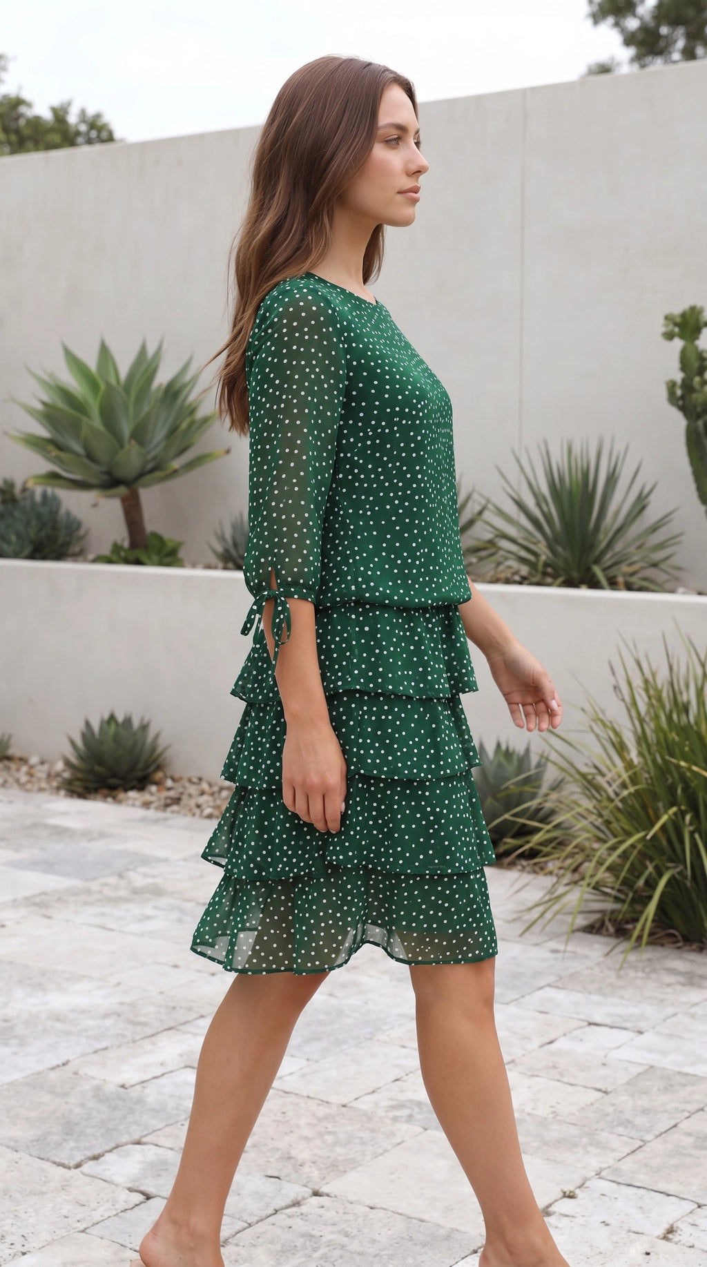Women’s Polka Dot Chiffon Tiered Midi Dress With Long Sleeves