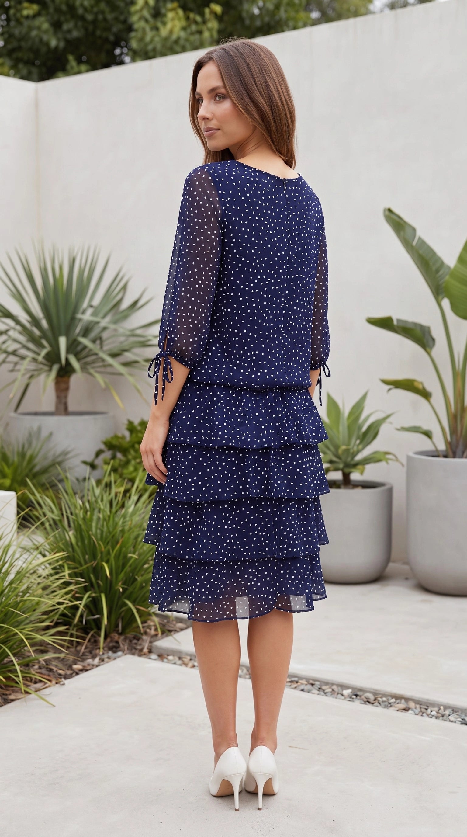 Women's Polka Dot Chiffon Tiered Midi Dress With Long Sleeves – Lume De  Label