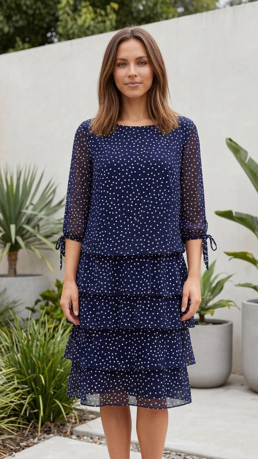 Women's Polka Dot Chiffon Tiered Midi Dress With Long Sleeves – Lume De  Label