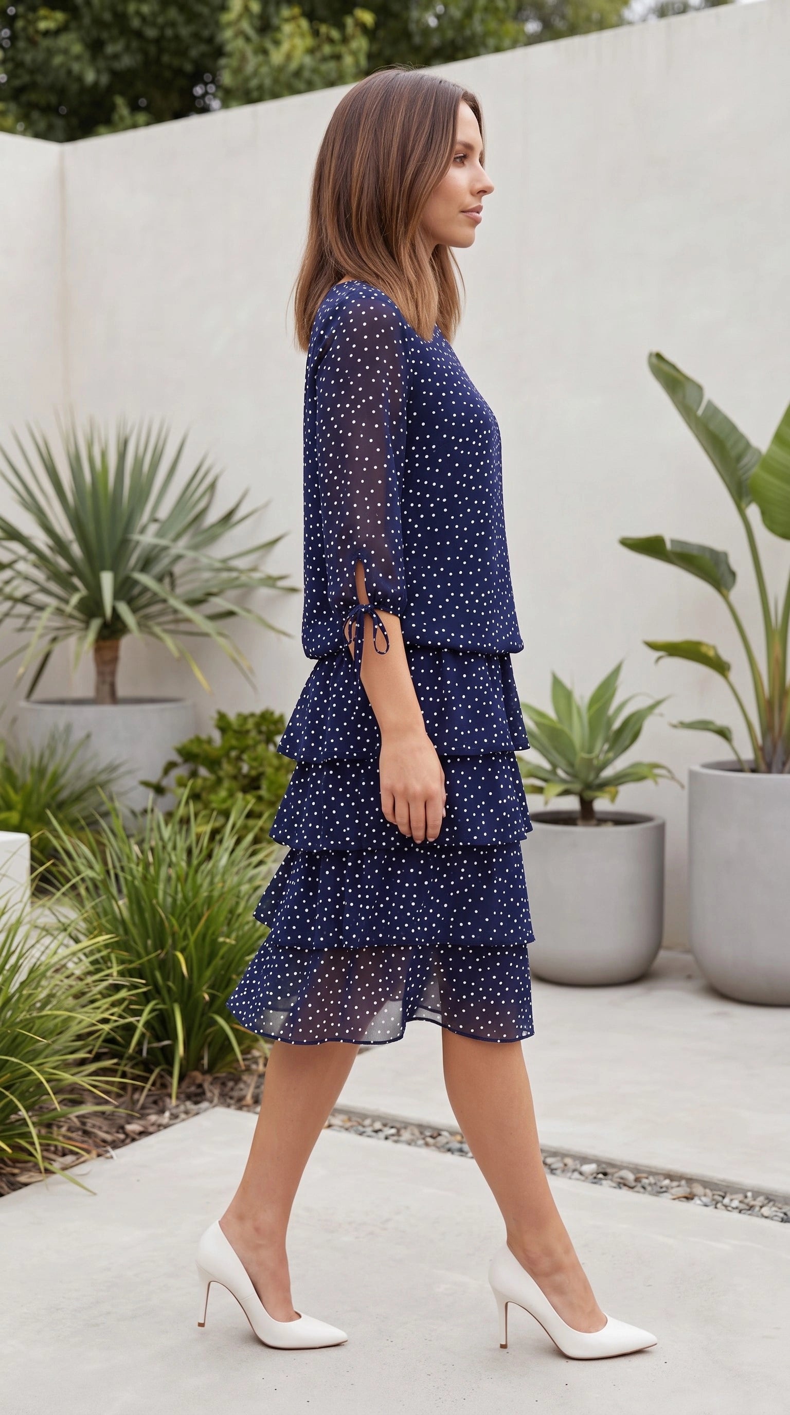 Women’s Polka Dot Chiffon Tiered Midi Dress With Long Sleeves