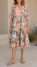 Women's Printed A Line Midi Dress | V Neck Crochet Trim Beach Dress