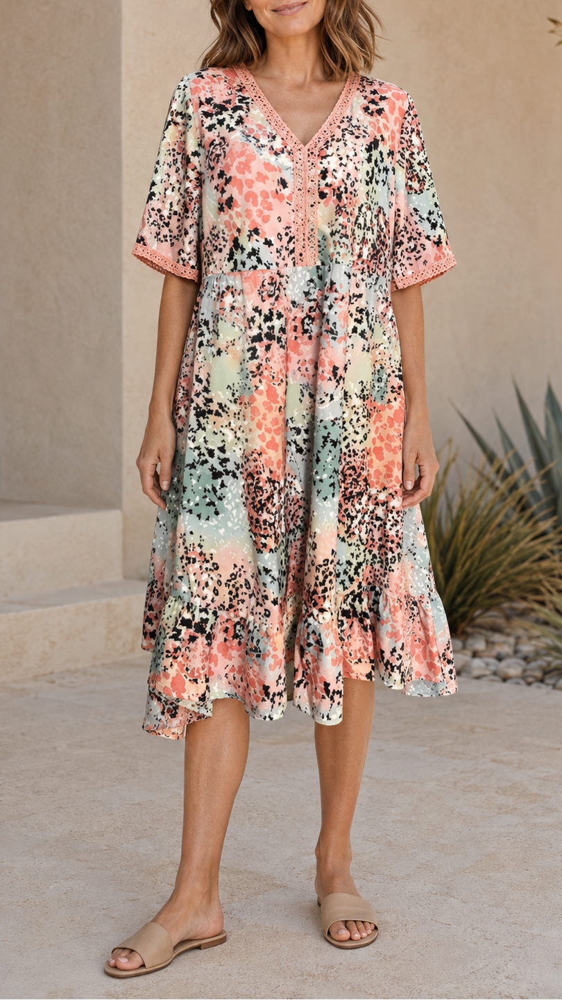 Women's Printed A Line Midi Dress | V Neck Crochet Trim Beach Dress