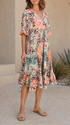 Women's Printed A Line Midi Dress | V Neck Crochet Trim Beach Dress