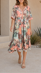 Women's Printed A Line Midi Dress | V Neck Crochet Trim Beach Dress