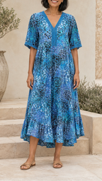 Women's Printed A Line Midi Dress | V Neck Crochet Trim Beach Dress