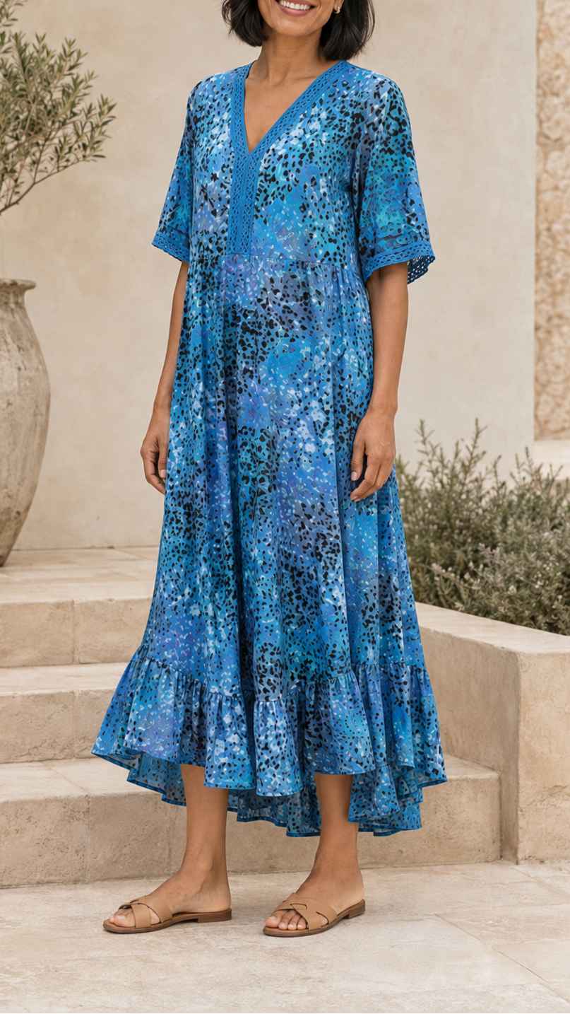 Women's Printed A Line Midi Dress | V Neck Crochet Trim Beach Dress