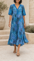 Women's Printed A Line Midi Dress | V Neck Crochet Trim Beach Dress