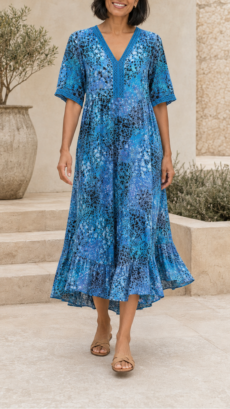Women's Printed A Line Midi Dress | V Neck Crochet Trim Beach Dress