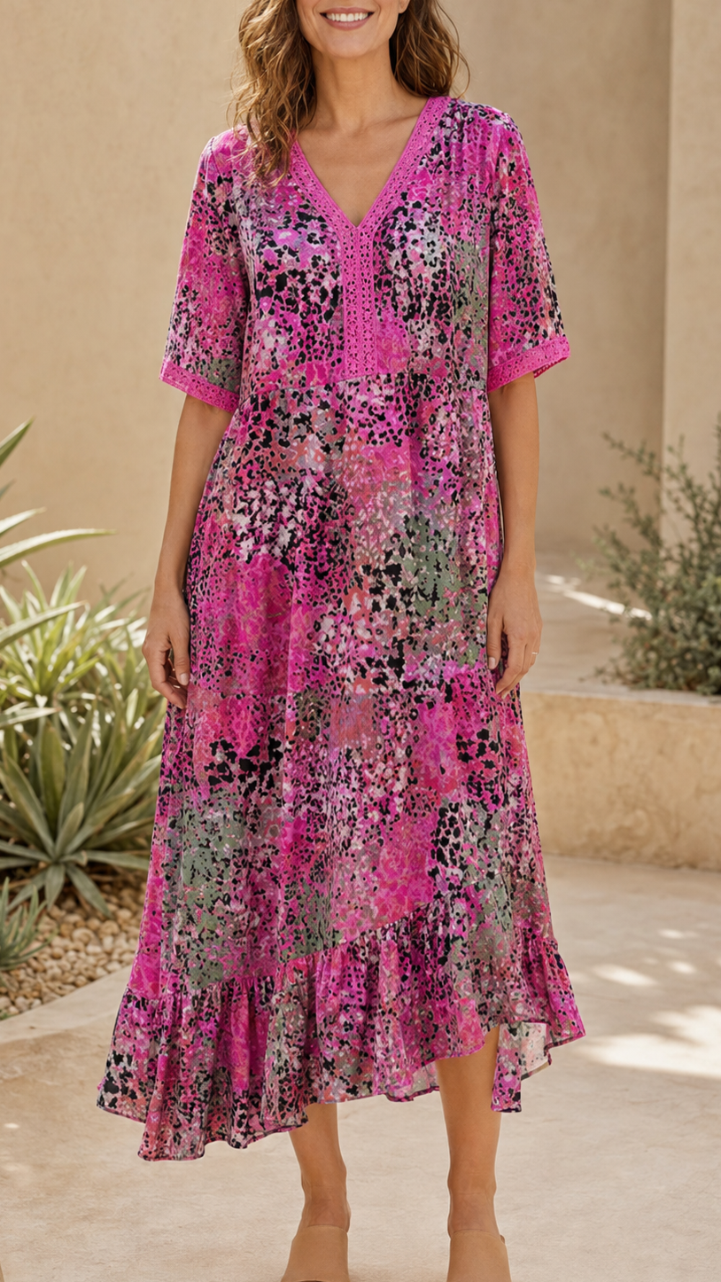 Women's Printed A Line Midi Dress | V Neck Crochet Trim Beach Dress